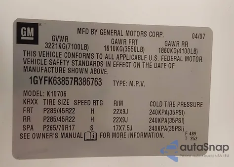2007 Cadillac Escalade Standard from USA, damaged, VIN 1GYFK63857R386763